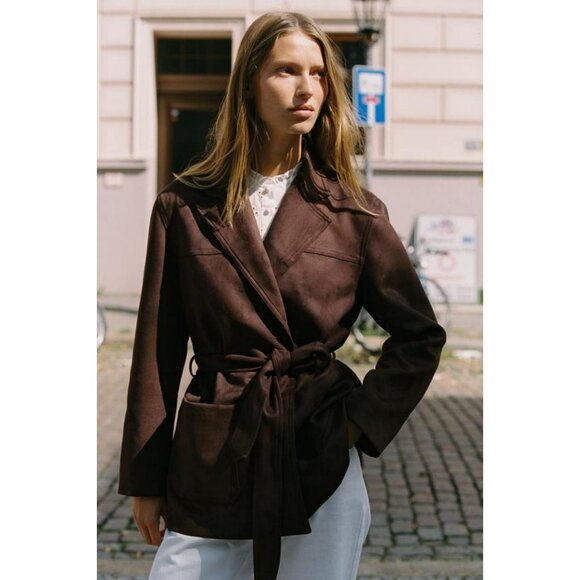 ZARA SUEDE EFFECT JACKET WITH BELT - Picture 1 of 10